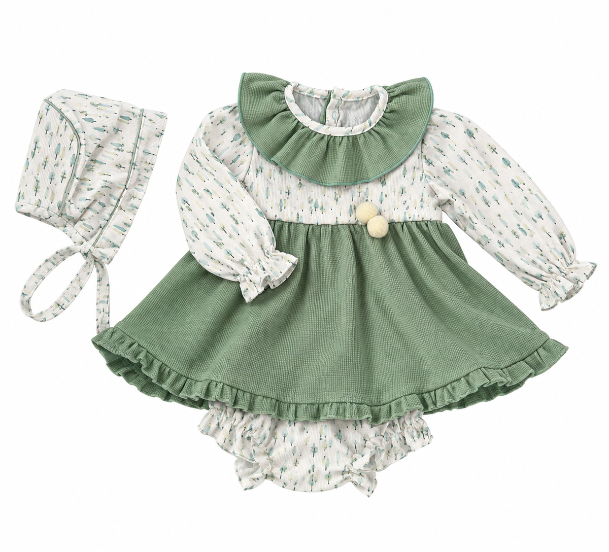 Vestido Floral Verde Oliva con Gorrito